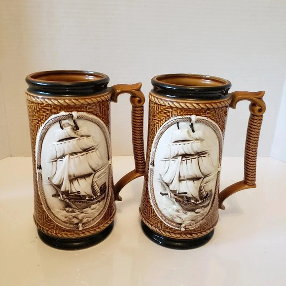 Vintage BCM Belgo Canadian set of 2 Tall Ceramic Brown/White Nautical Beer Stein - Picture 1 of 9